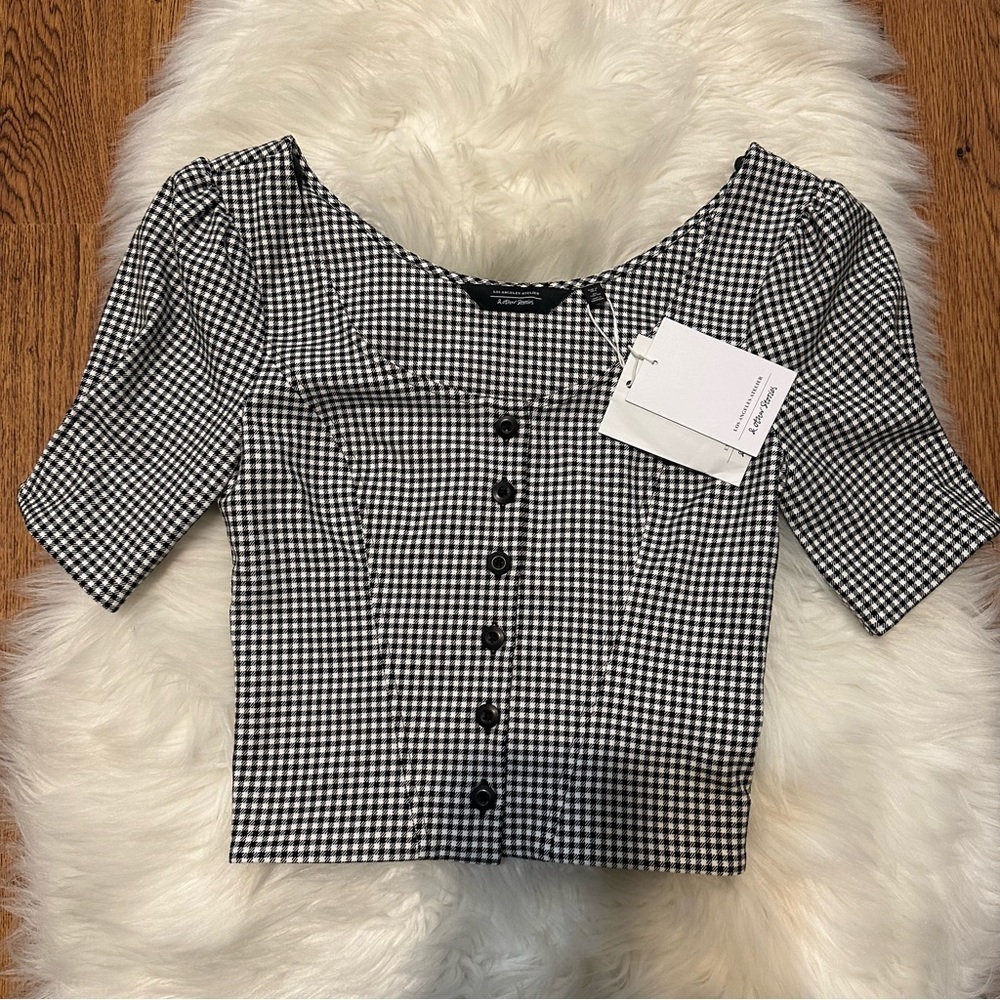 & Other Stories Black Whitr Gingham Short Sleeve Crop Blouse Top Size 2